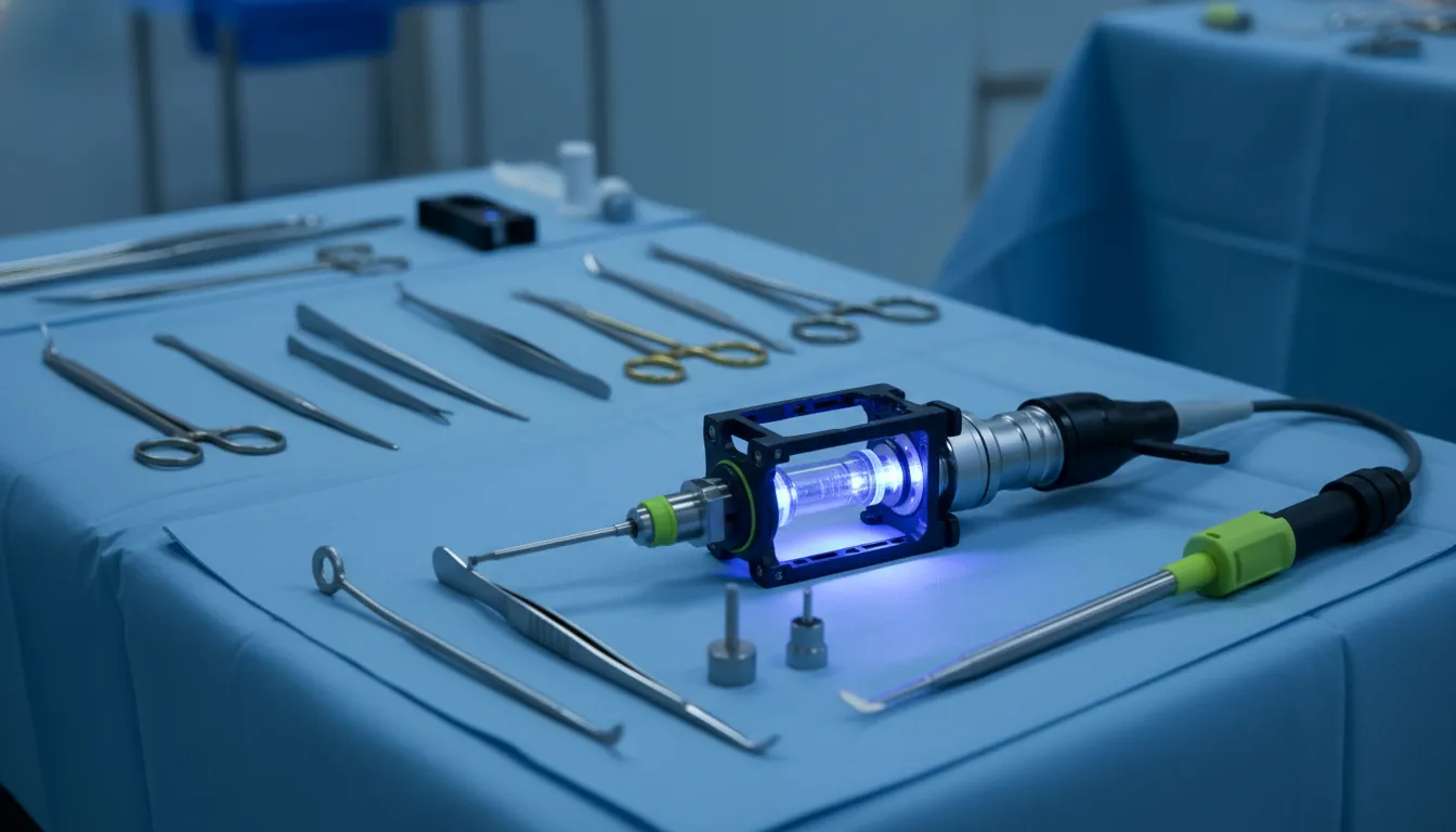 A transcatheter mitral valve replacement system on a surgical tray in a dimly lit room.