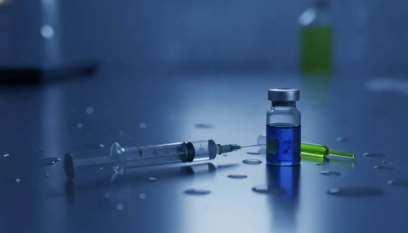 A syringe and vial in a hospital lab setting