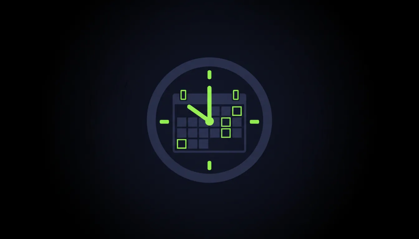 A minimalist representation of a surgical clock and calendar on a dark background.