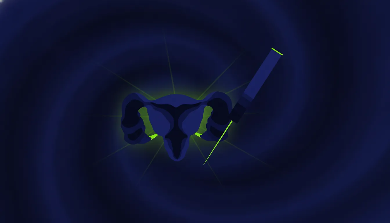 Minimalist illustration of a prostate gland and biopsy needle on a dark background.
