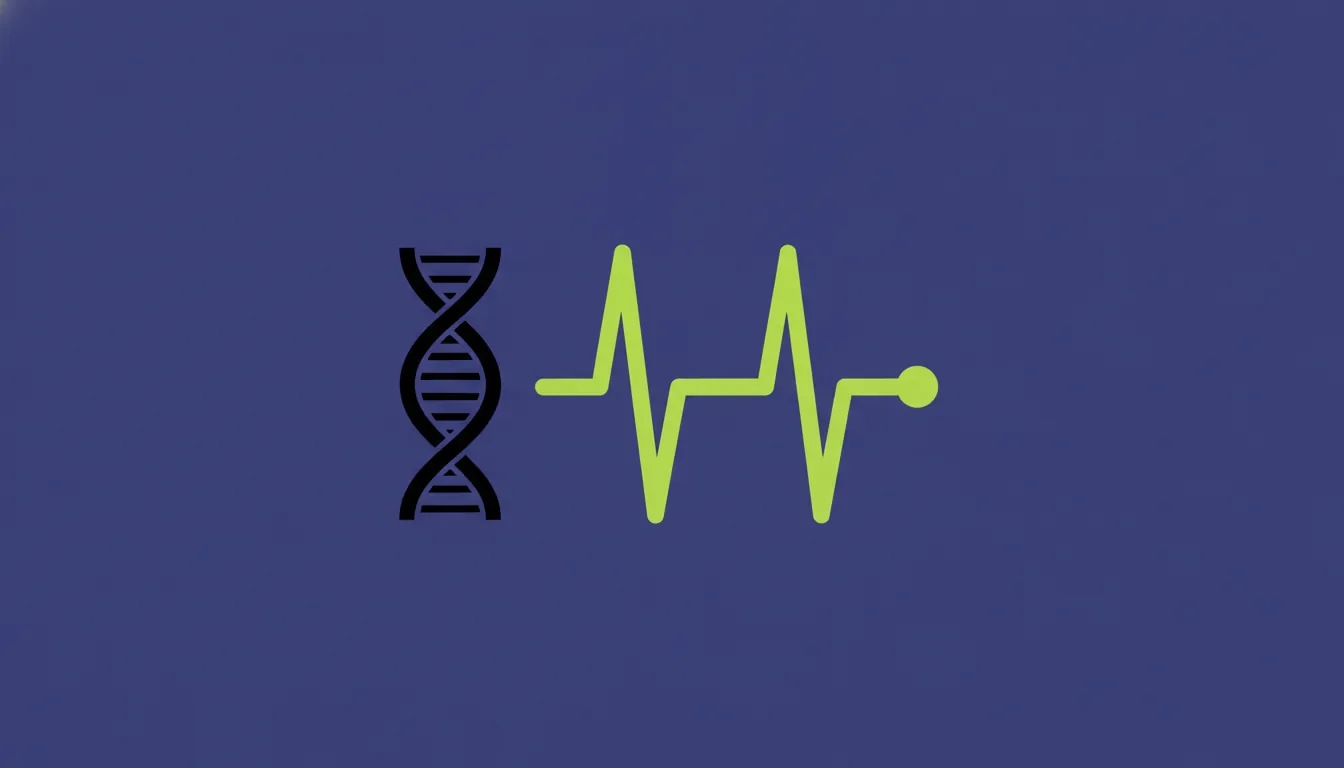 A minimalist illustration of an ECG waveform and DNA helix on a solid background.