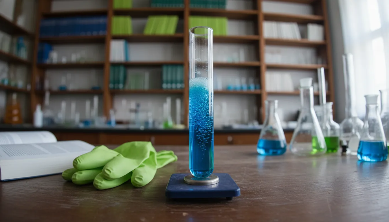A test tube with a bubbling chemical solution on a lab bench