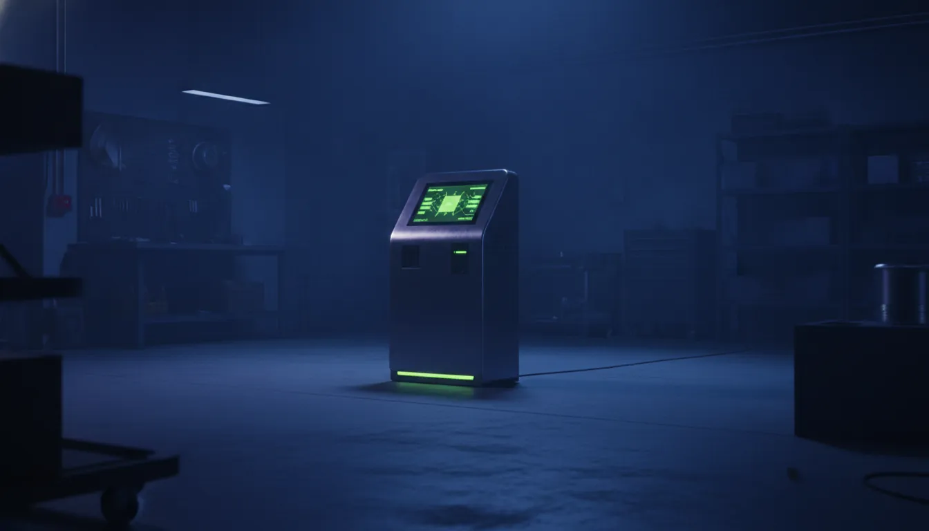 An intoxication detection kiosk in a dimly lit industrial workspace