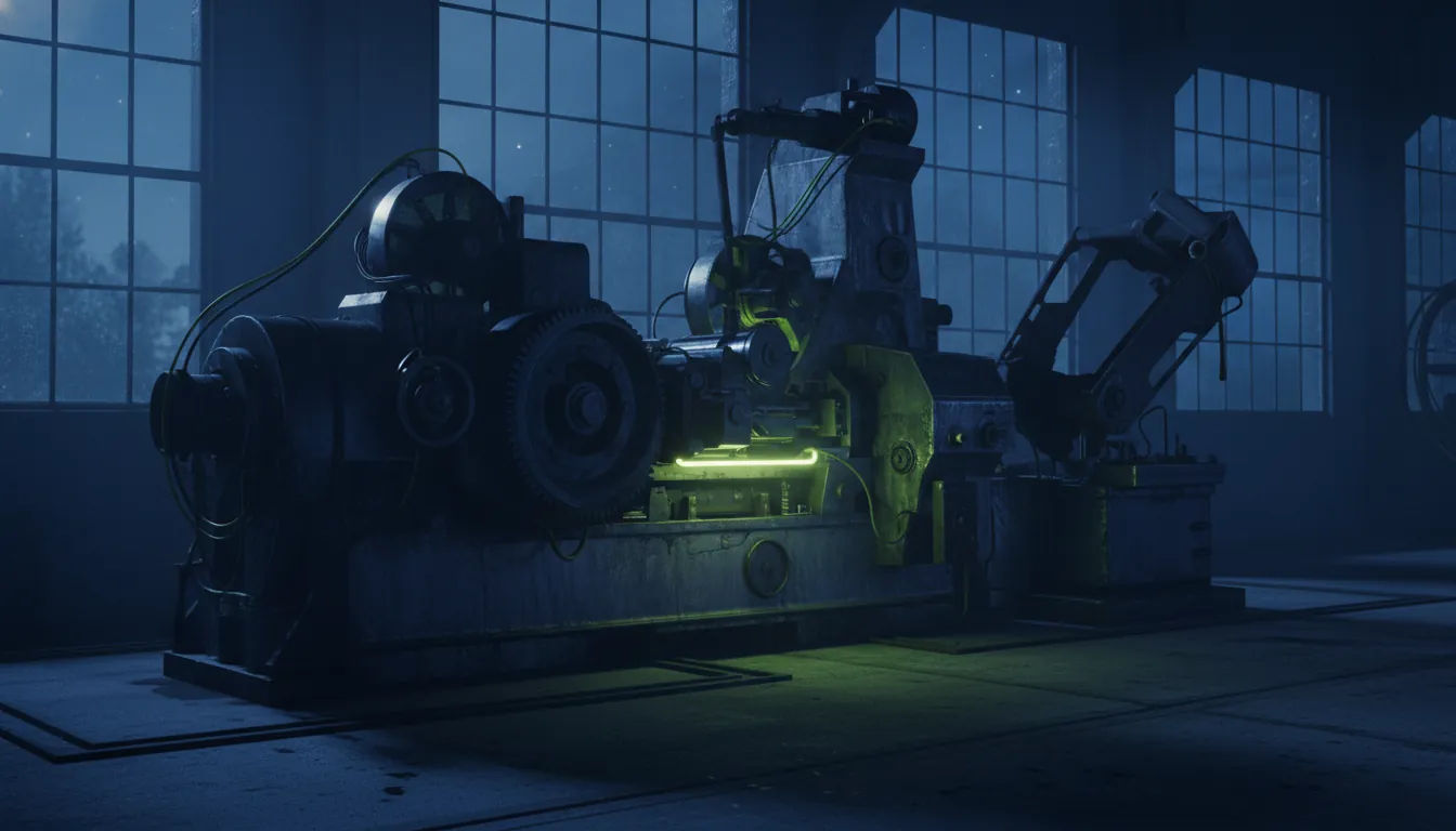 Industrial machinery in a dimly lit factory setting