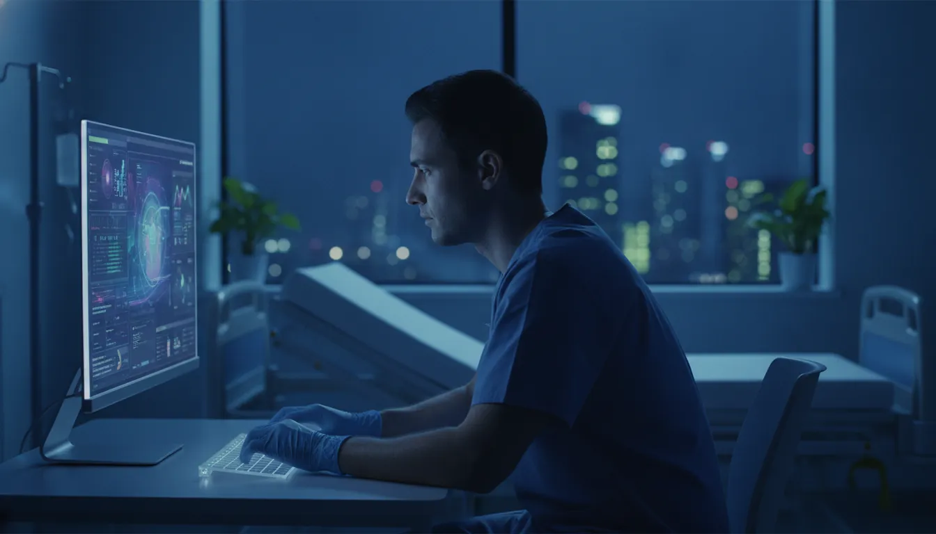 Healthcare worker using a hospital management system in a dimly lit room