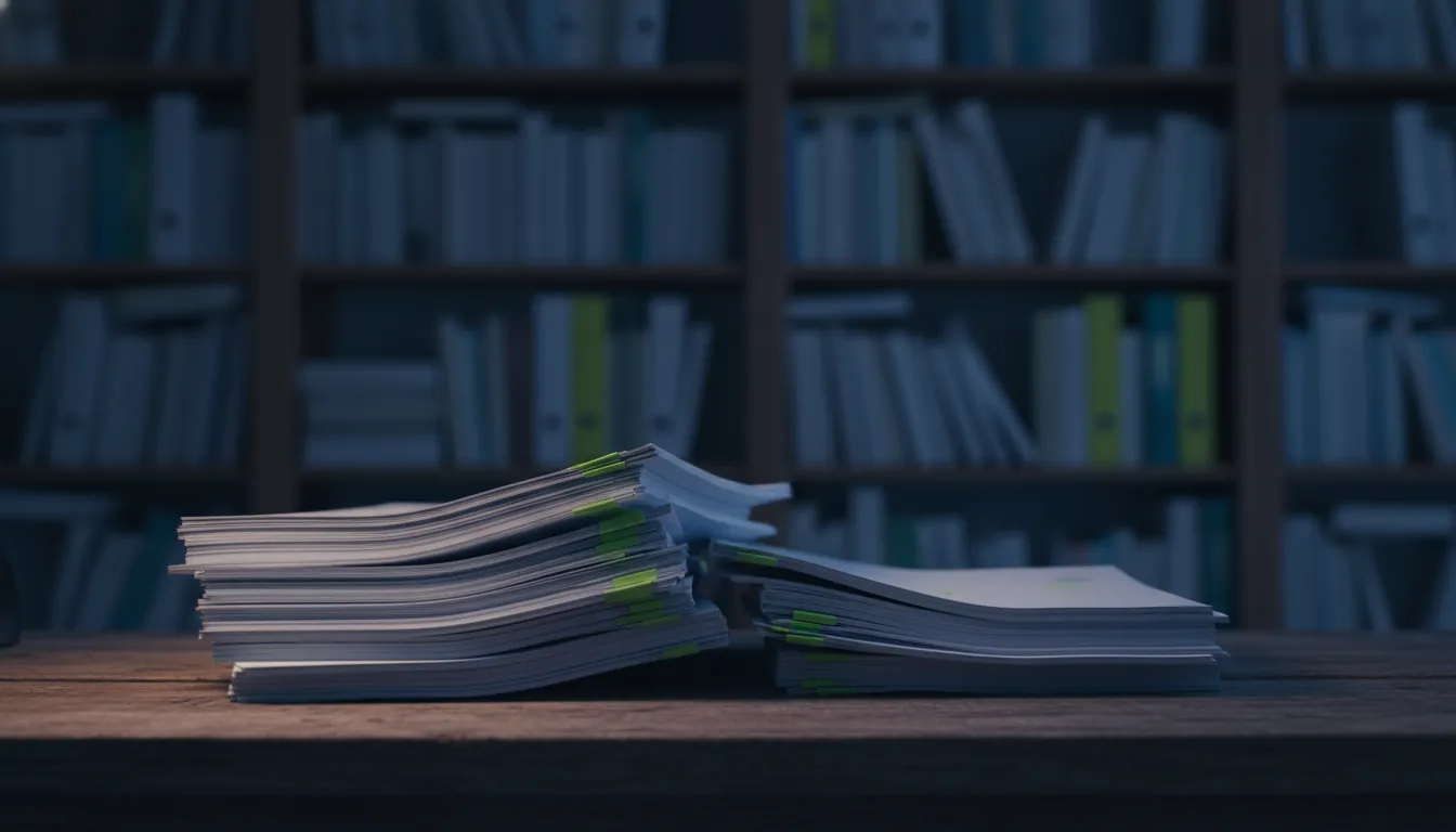 A stack of research papers in a dimly lit lab, symbolizing human genetics data.