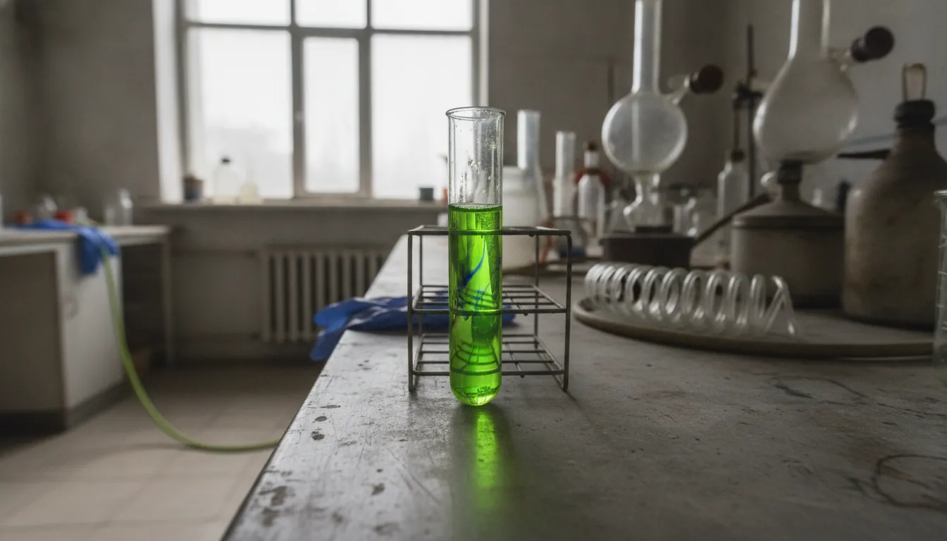 A test tube with a colorful liquid on a lab bench