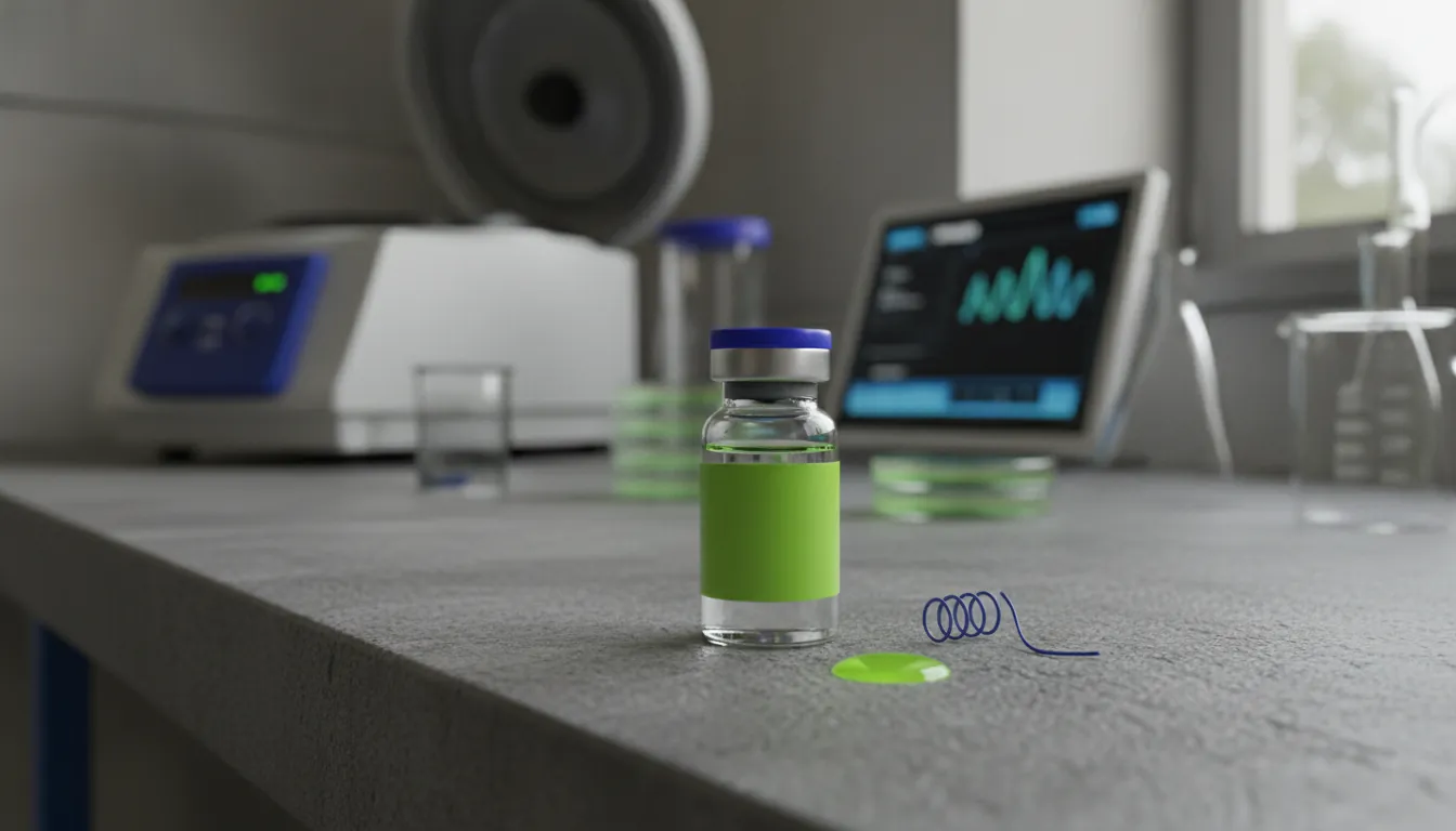 A vial of medication on a lab bench