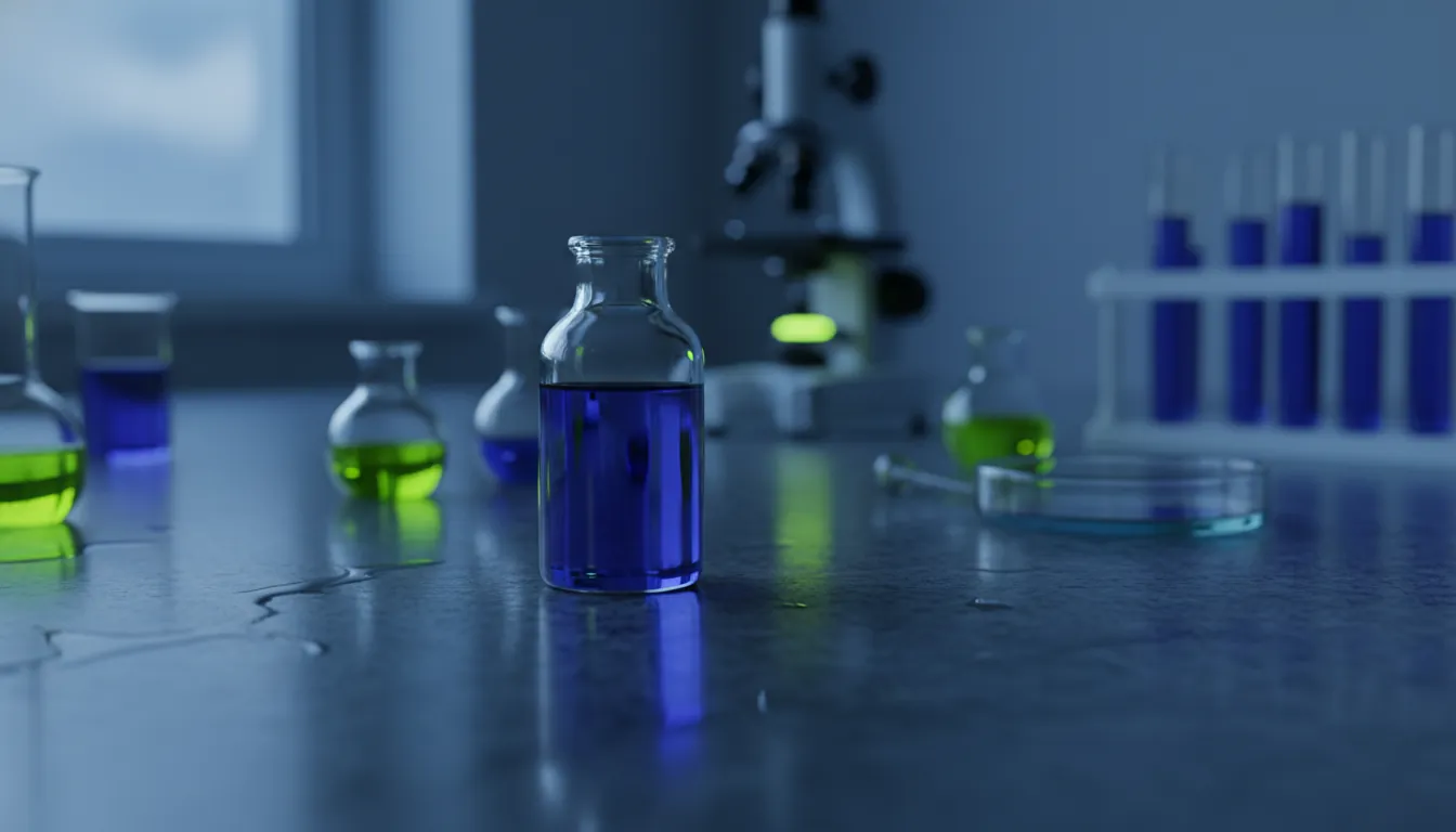 A vial of medication on a laboratory countertop in a dimly lit setting.