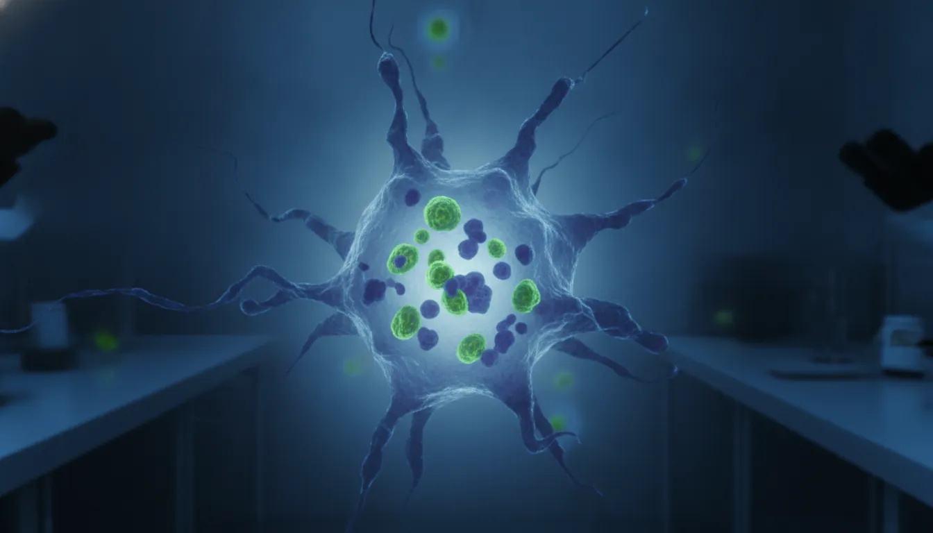 A cancer cell viewed through a microscope in a dimly lit lab setting.