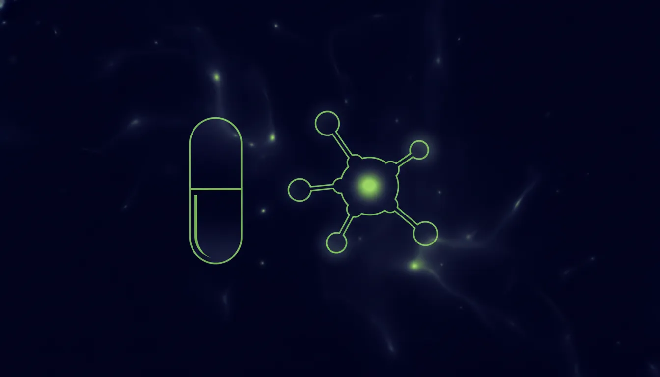 A minimalist illustration of a pill and a molecule in a dark color scheme.