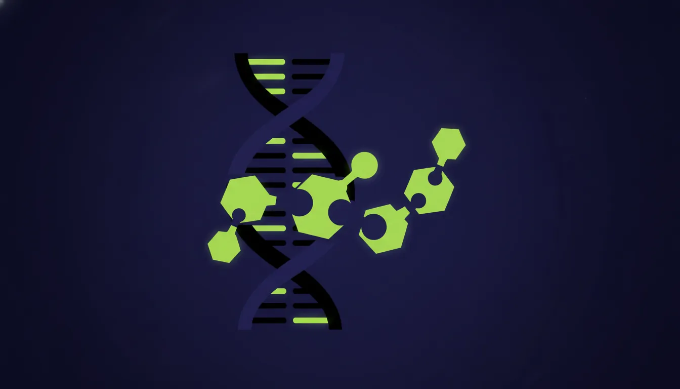 A minimalist representation of a gene and molecule symbolizing biotech collaboration.