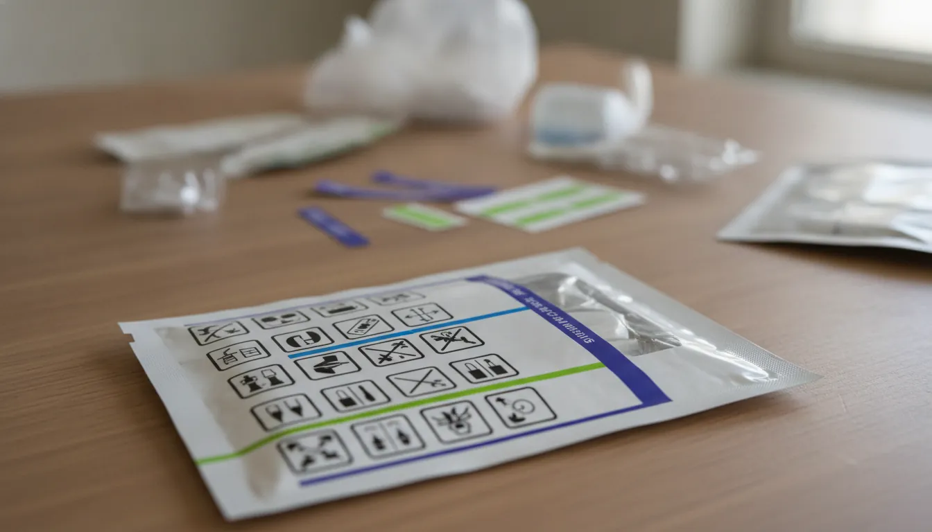 Close-up of medical device packaging with new labeling symbols on a wooden table