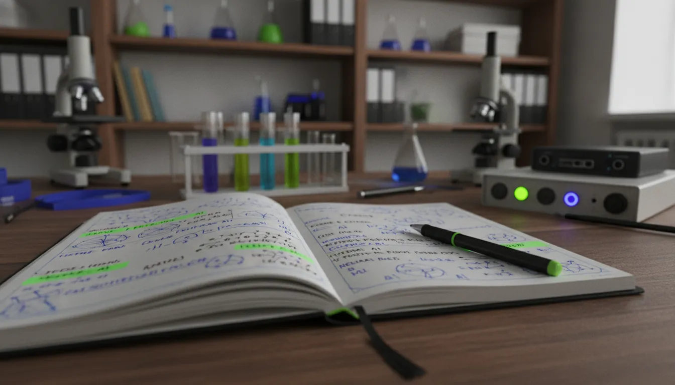 A laboratory notebook and pen on a wooden table in a research setting.