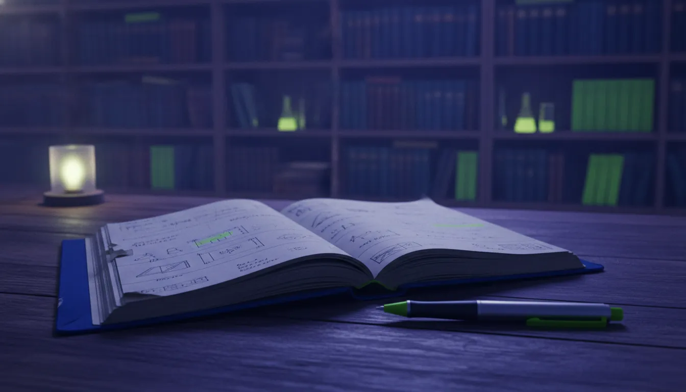 A laboratory notebook and pen on a wooden table in a dimly lit lab