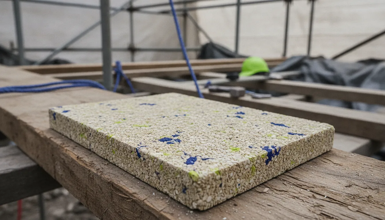 A close-up of a sustainable building material sample on a construction site