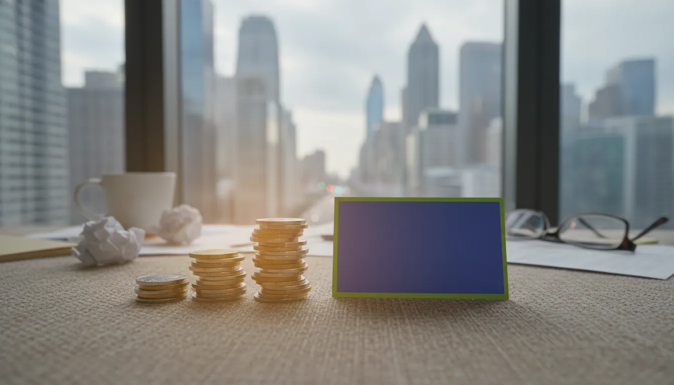 A close-up of a stack of coins and a business card on a desk with a city view in the background.
