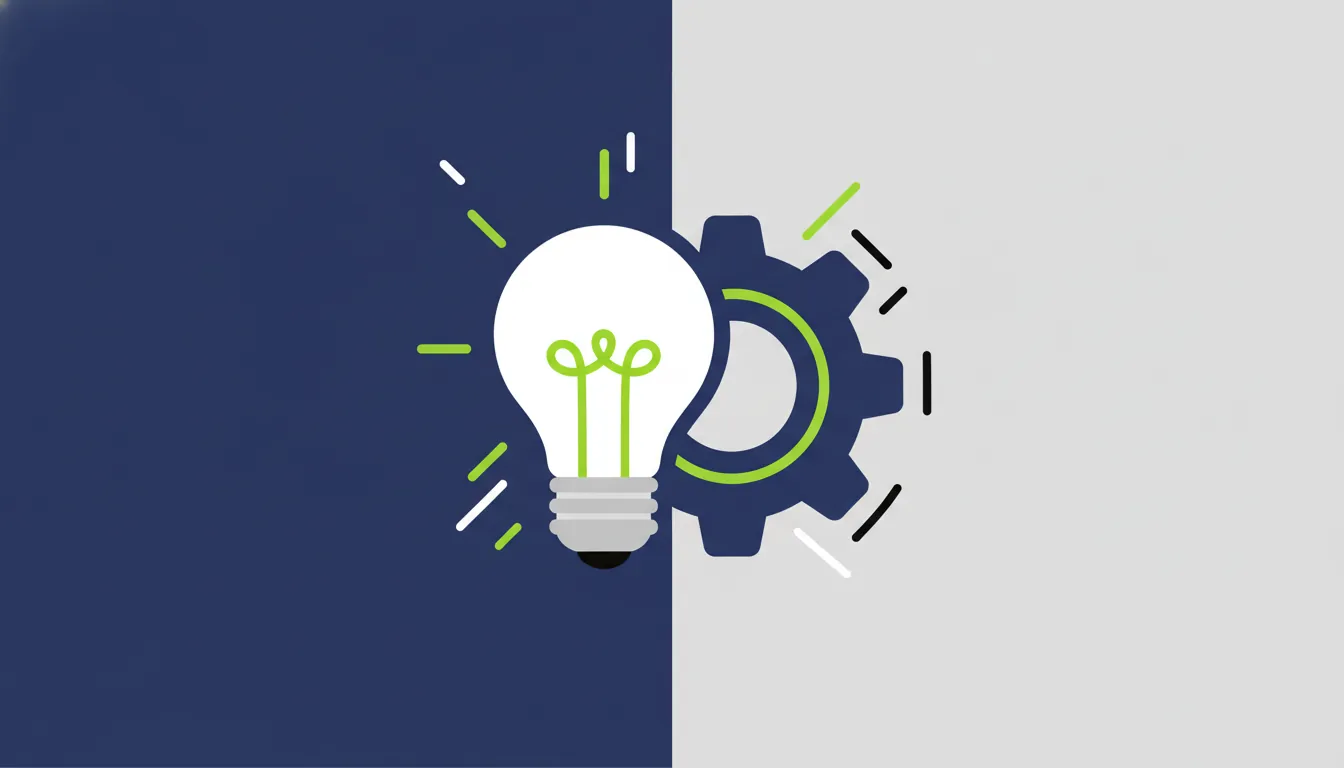 A minimalist illustration of a light bulb and gear representing innovation and commercialization.