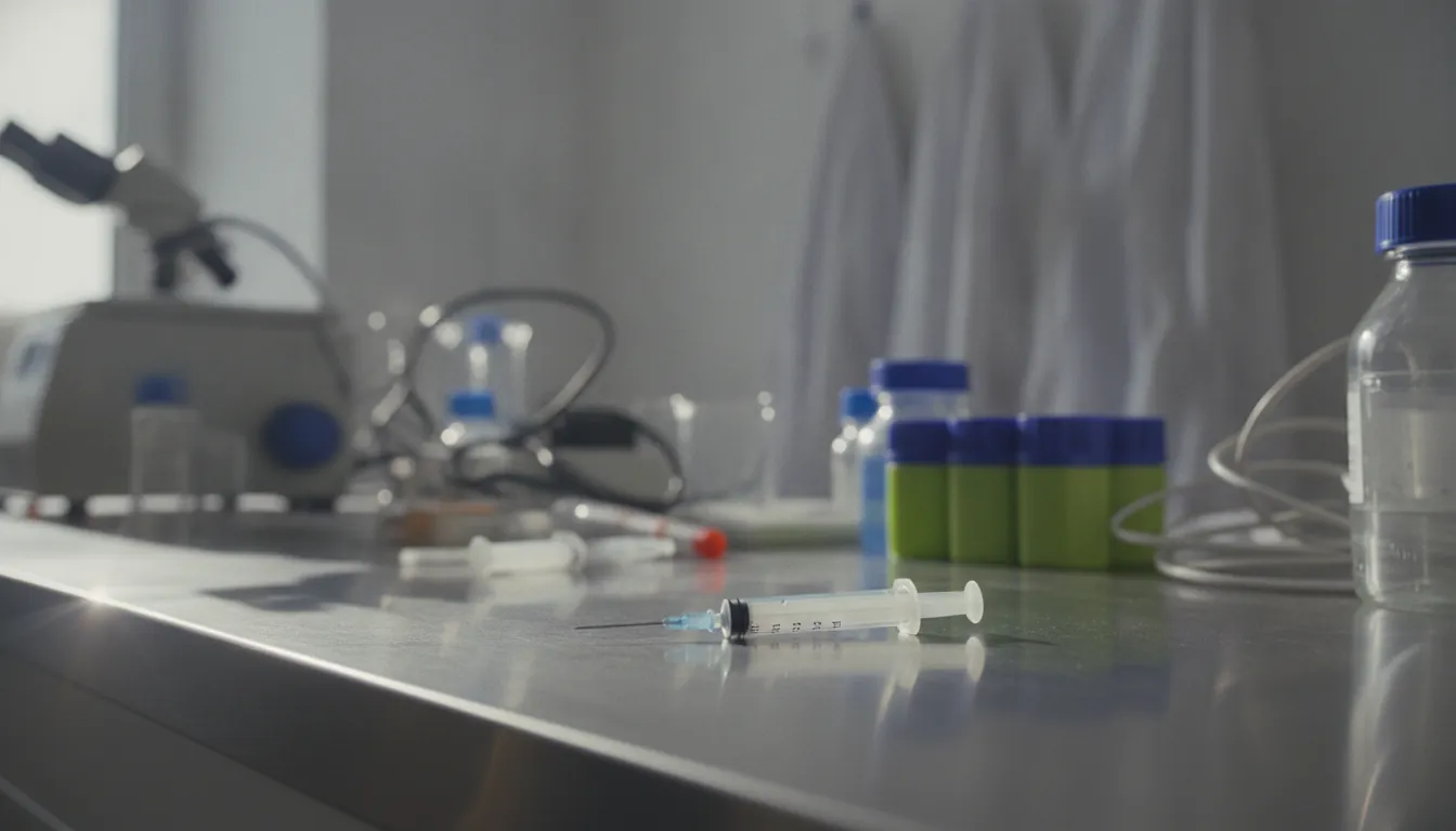 A syringe on a lab bench in a clinical setting.