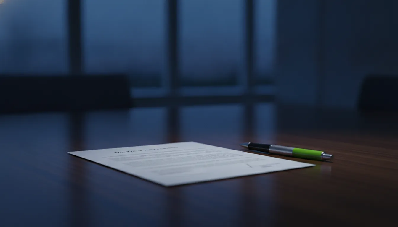 A medical agreement document and pen on a wooden table in a dimly lit room.