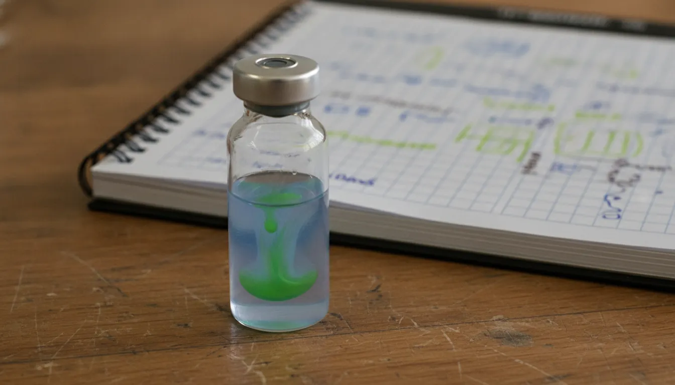 A protein sample in a vial on a lab bench with an open research notebook in the background.