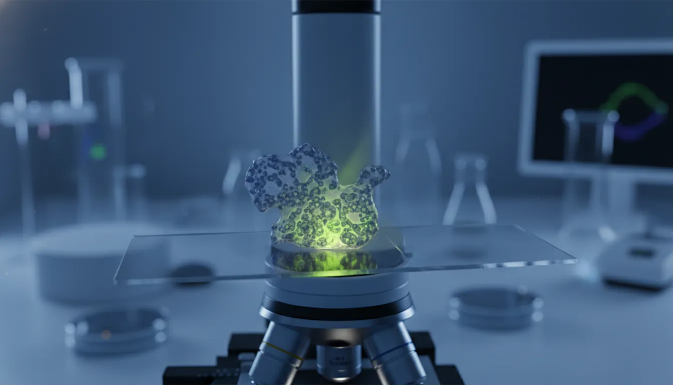 A tumor sample on a microscope slide in a dimly lit lab