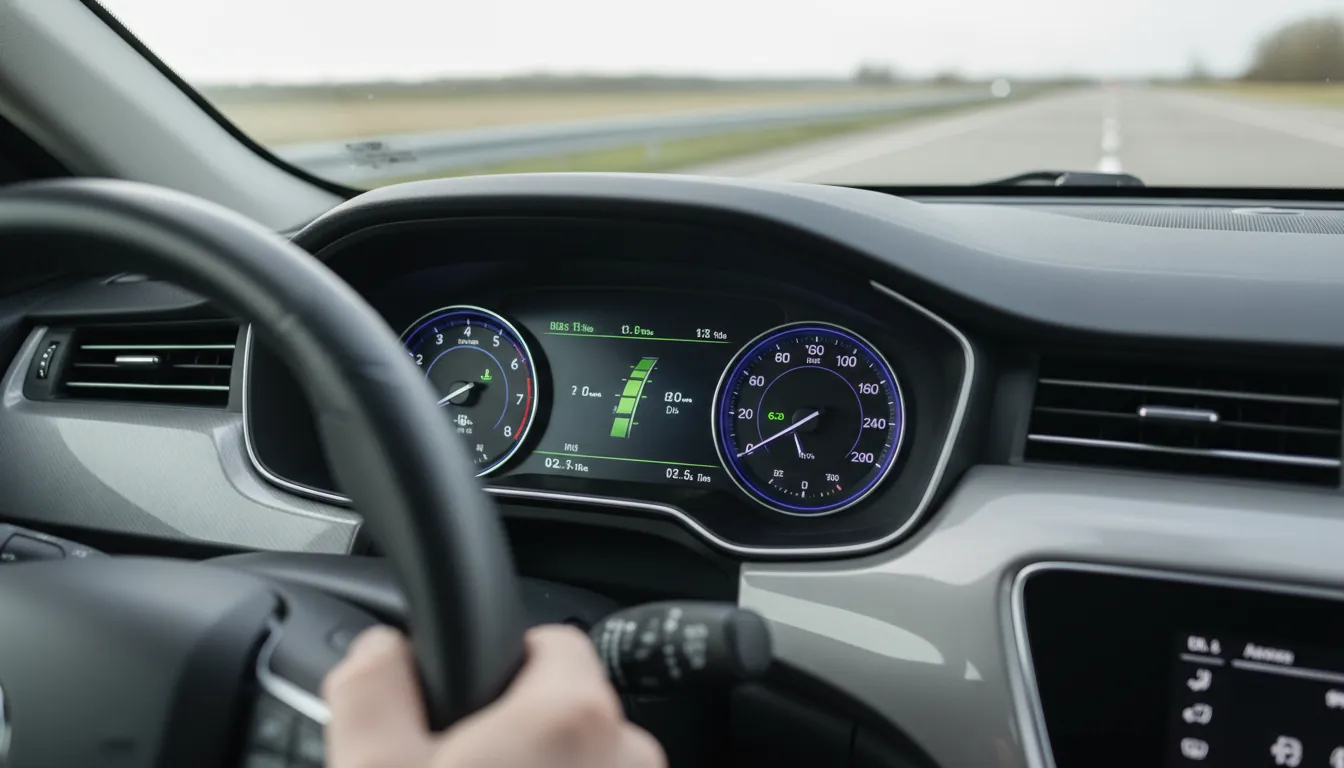 Close-up of a car dashboard showing vehicle diagnostics