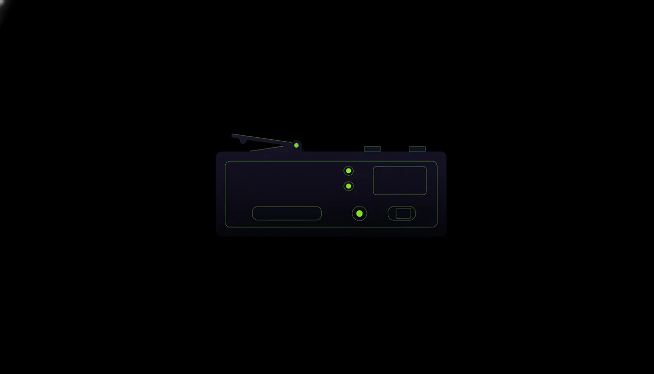 A minimalist representation of a radiation dosimeter in a dark color scheme.