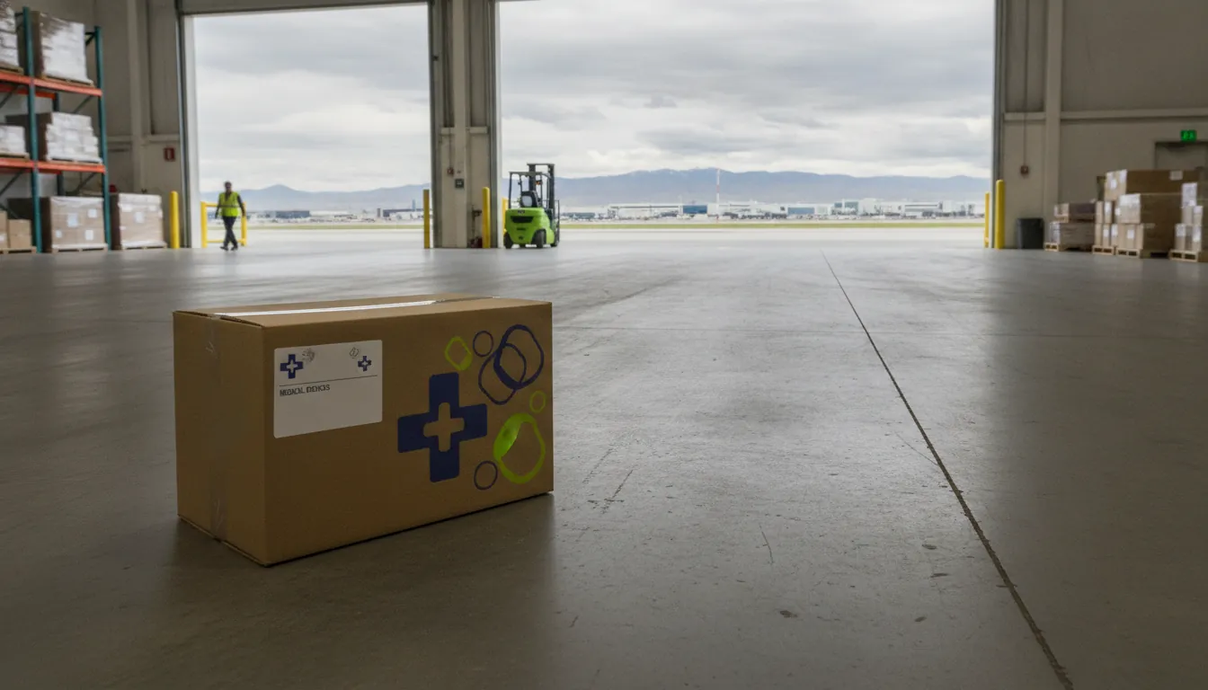 Shipping box for medical devices in a warehouse near an airport
