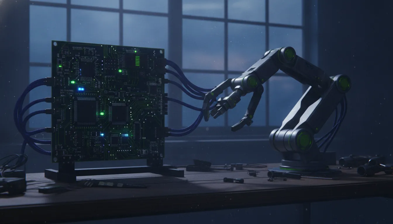 A circuit board and robotic arm in a workshop setting