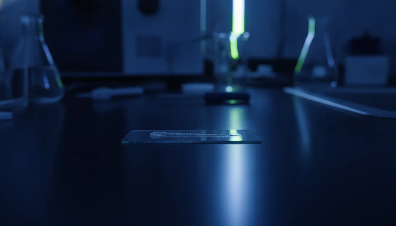 A glass slide with a mass spectrometry sample in a dimly lit laboratory setting.