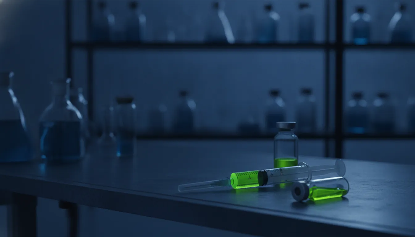 A syringe and vial in a dimly lit lab setting