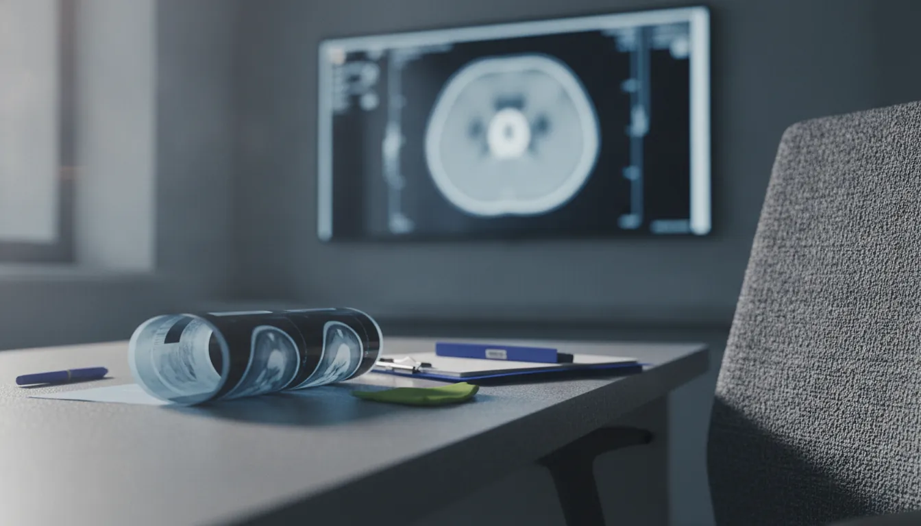 A diagnostic scan on a clinical desk with an imaging display in the background.