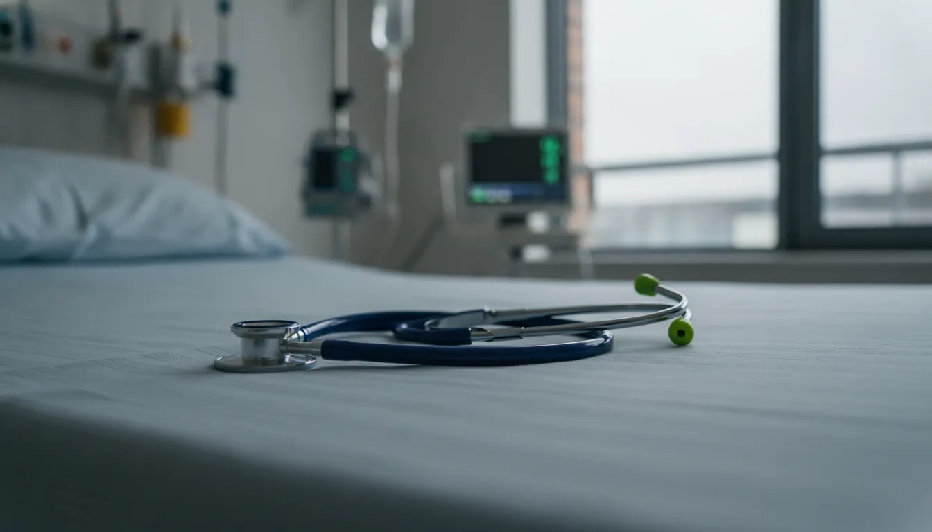 A stethoscope on a hospital bed in a well-lit room