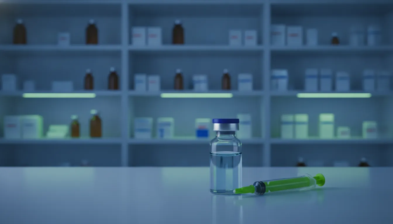 A vial of medication and a syringe in a dimly lit laboratory setting.