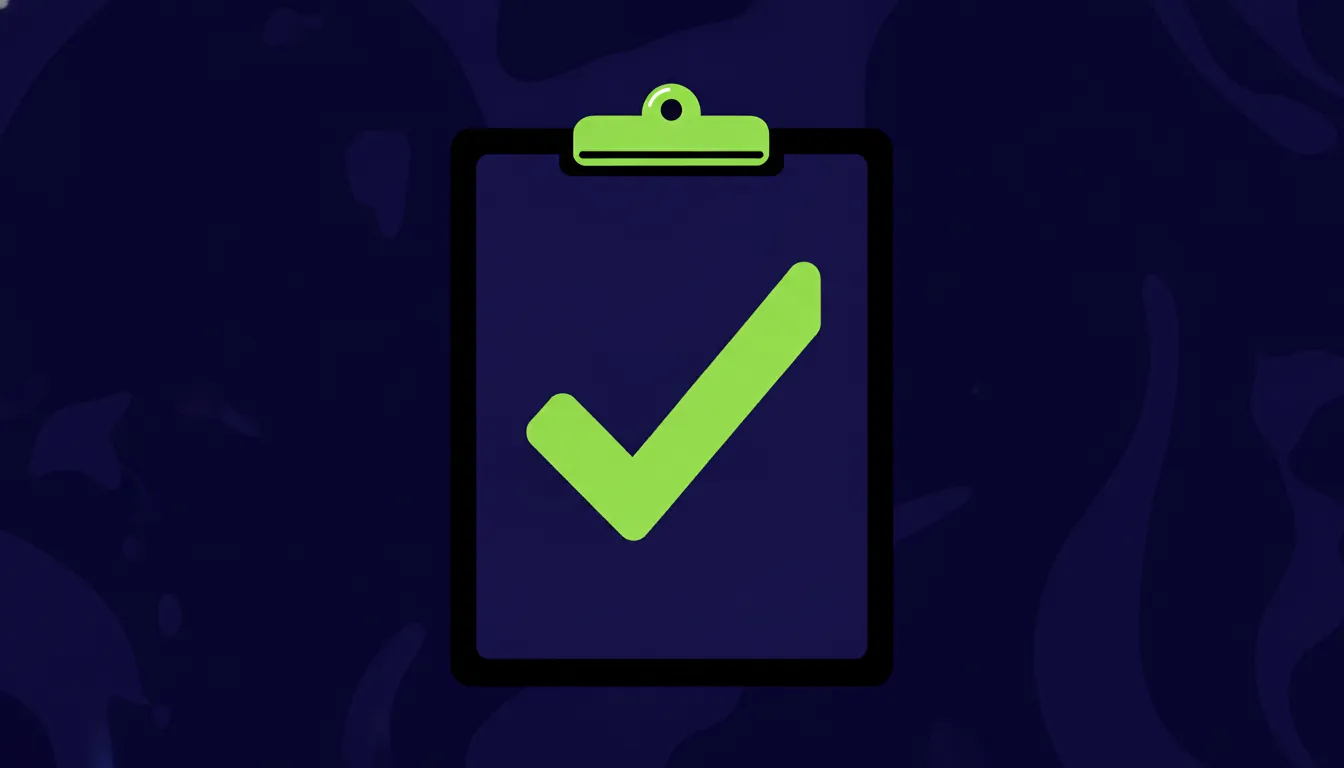 A clipboard with a checkmark in a dark monochromatic style.
