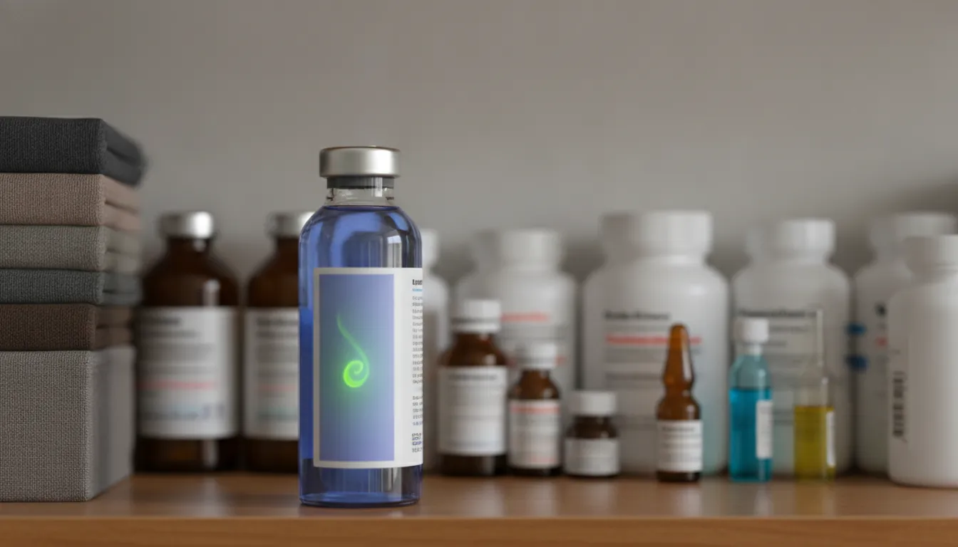 A bottle of RNAi therapeutic medicine on a pharmacy shelf