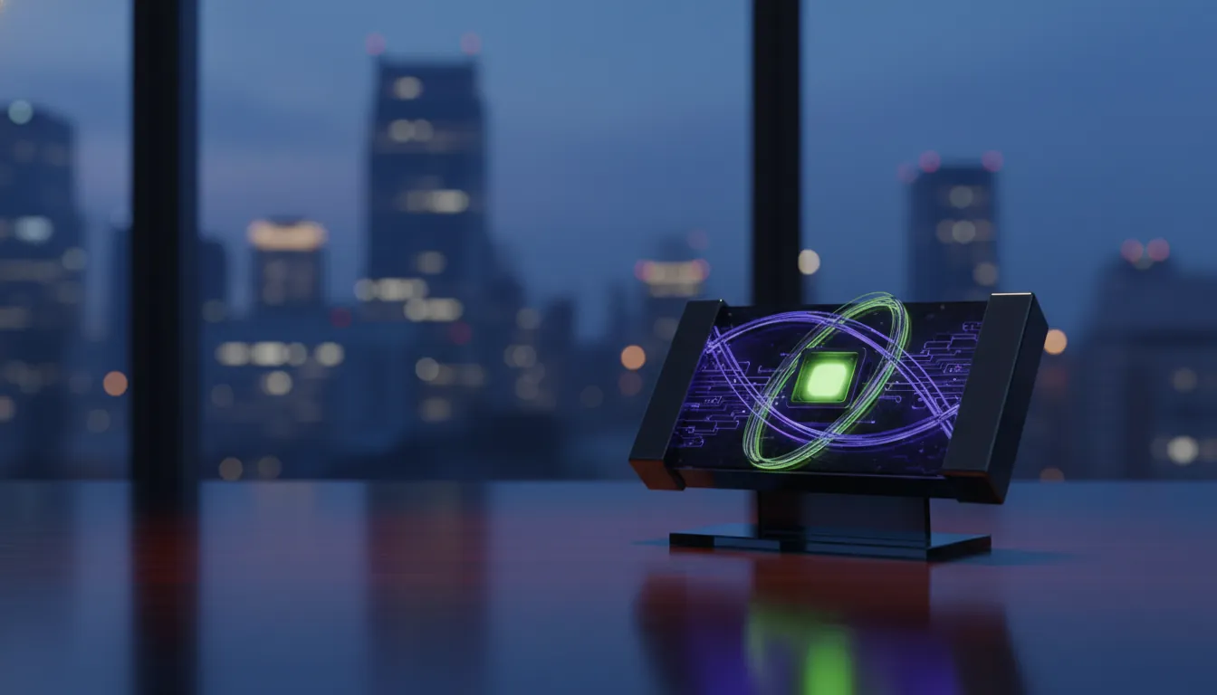 A quantum encryption key on a desk with a city skyline in the background at dusk.