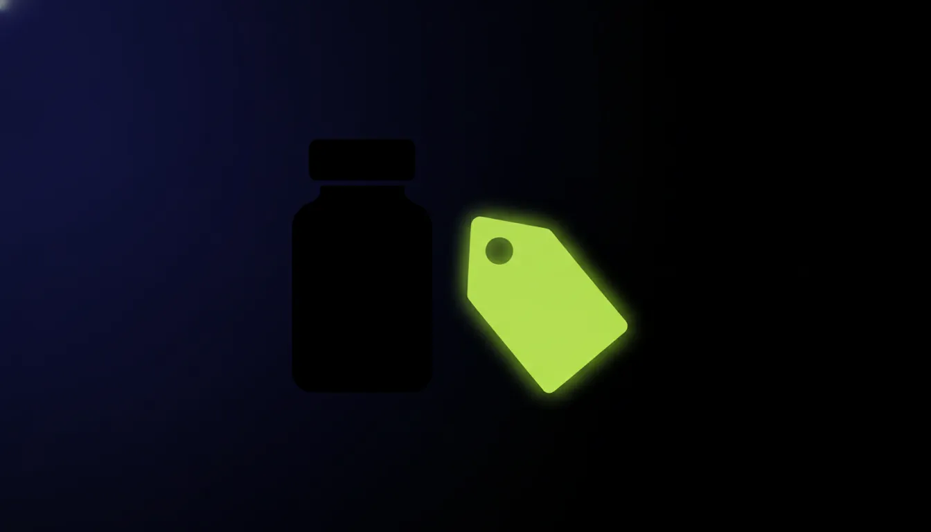 A minimalist illustration of a pill bottle and price tag in a dark palette.