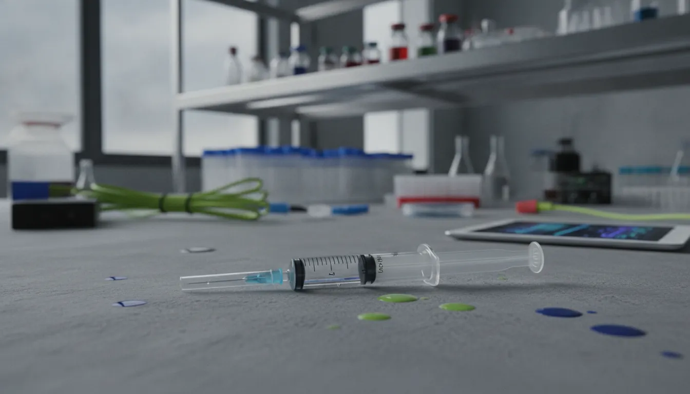 A syringe on a lab bench with medical supplies in the background.