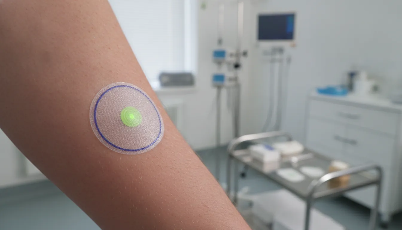 A wearable biosensor on a patient's skin in a clinical setting.