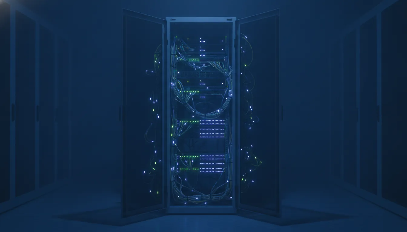 A server rack in a data center with glowing lights and cables