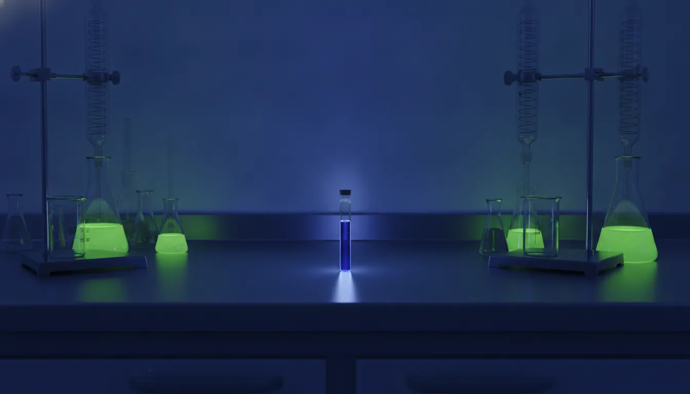 A vial of a drug compound in a dimly lit laboratory setting.