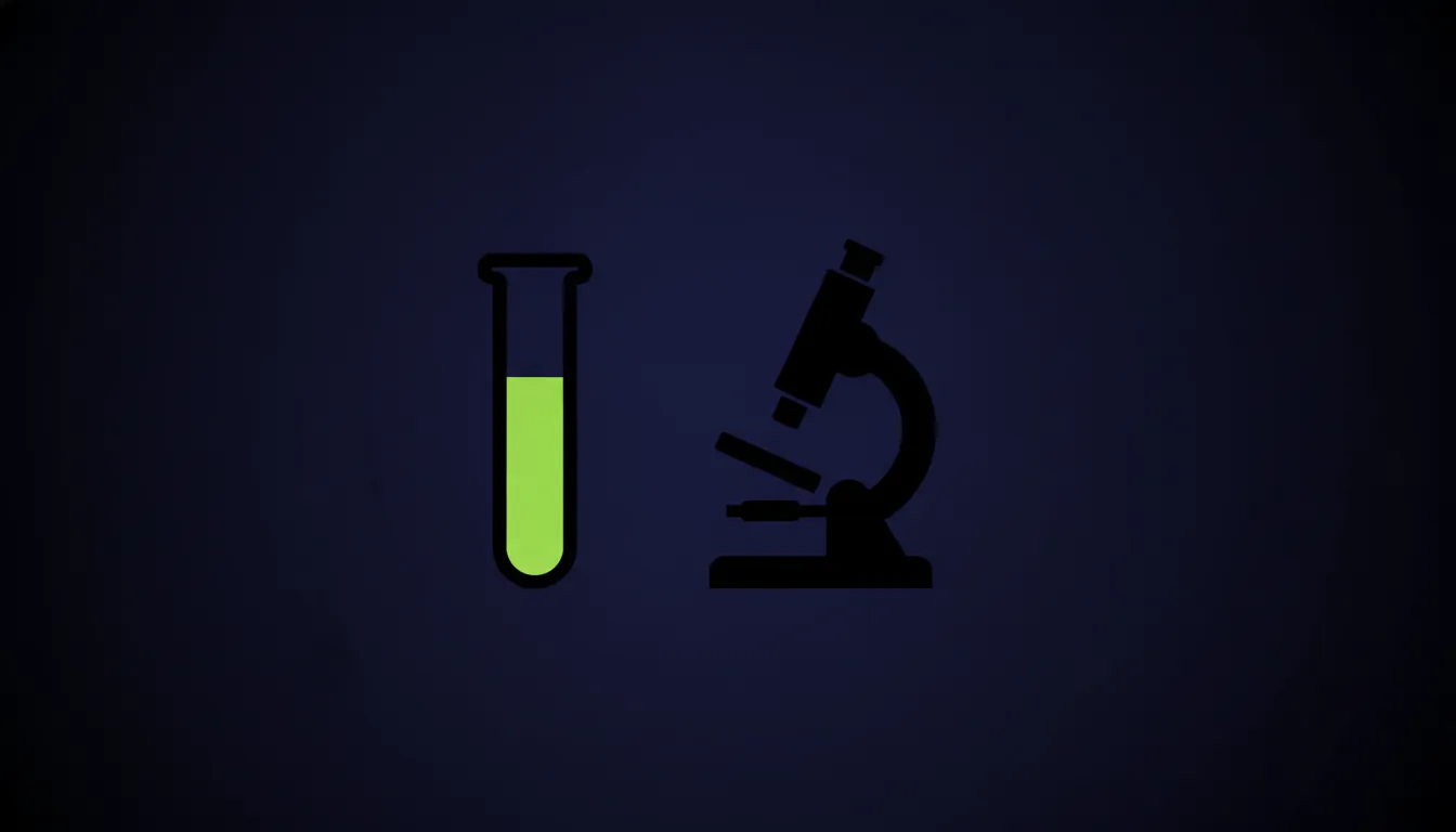 A minimalist illustration of a test tube and microscope in a dark color scheme.