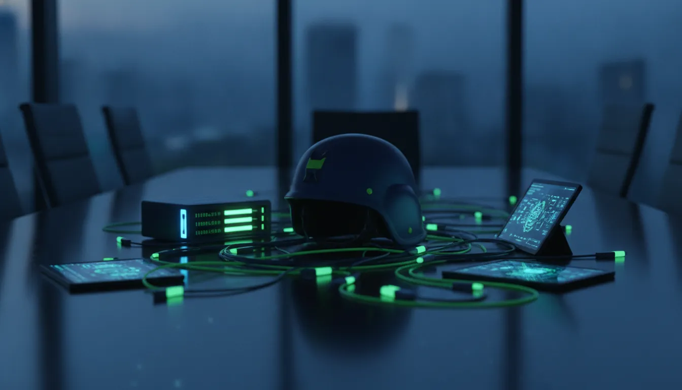 A military helmet on a conference table with cybersecurity equipment in a dimly lit room.