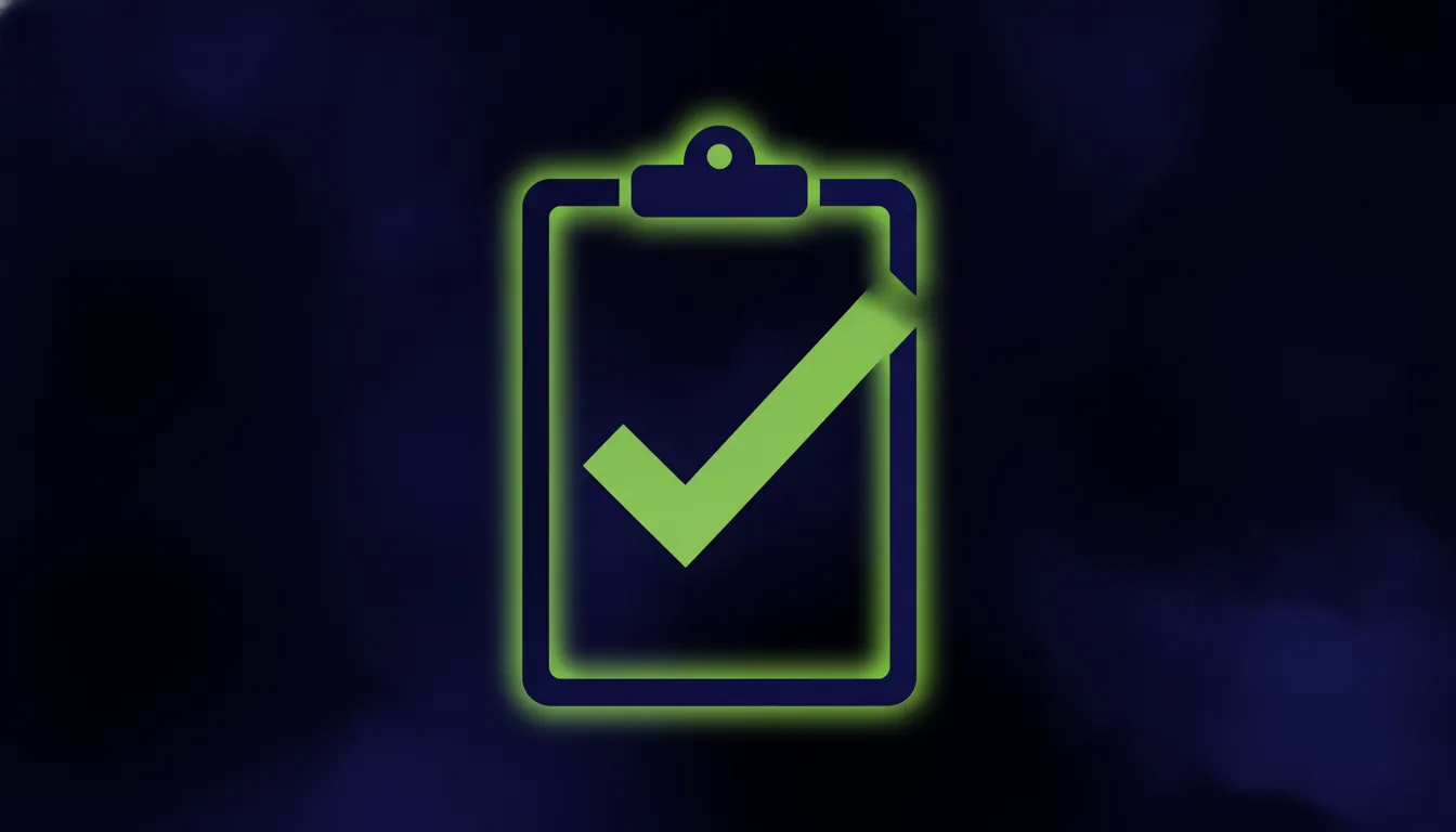 A minimalist illustration of a clipboard with a checkmark in a dark color scheme.
