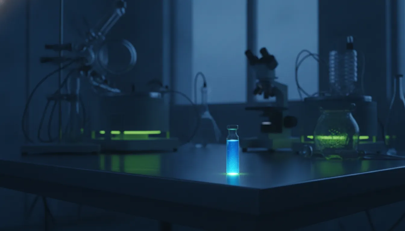 A vial of a drug compound on a lab bench in a dimly lit laboratory.
