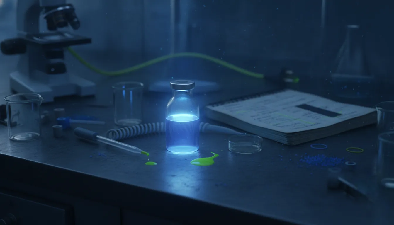A glass vial and research notebook in a dimly lit lab