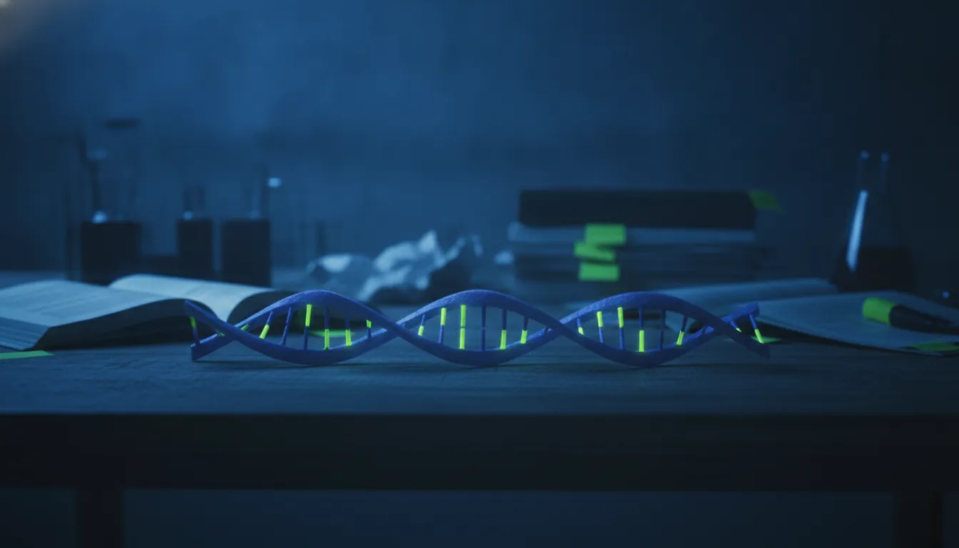 A DNA strand on a table in a dimly lit lab with research notes in the background.