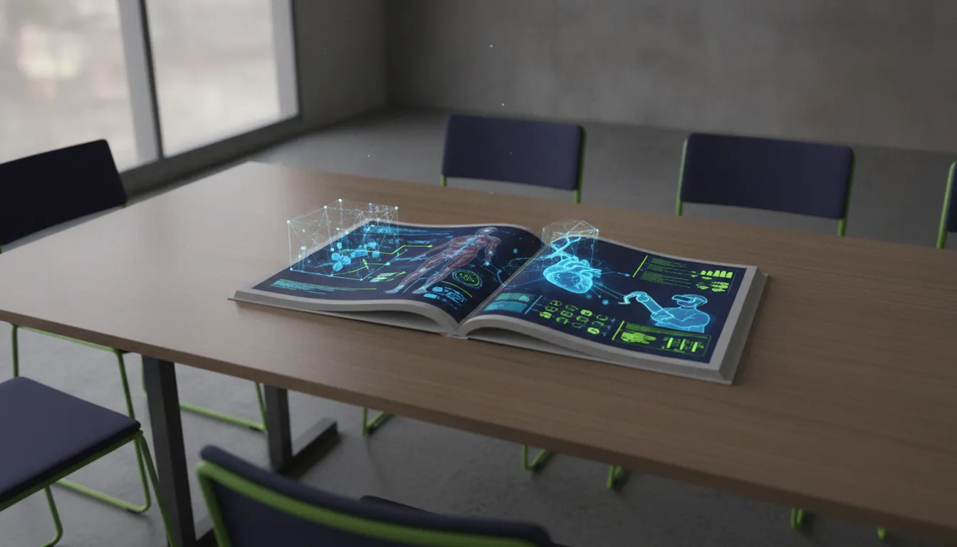 An open medical training manual on a table in a training room, illustrating AI technology in education.